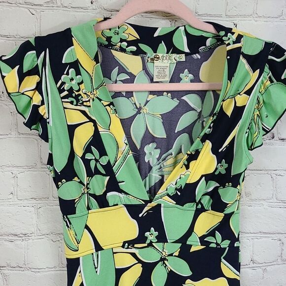 Split Skate/Surf Floral Print Flutter Sleeve Stretchy Knit V-Neck Dress Summer - Picture 3 of 10